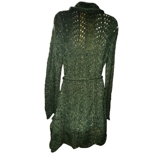 Dark Green Large Sparkly Knit Wrap Cardigan Sweater With Belt Boho Hippie Glam‎ - Picture 2 of 10